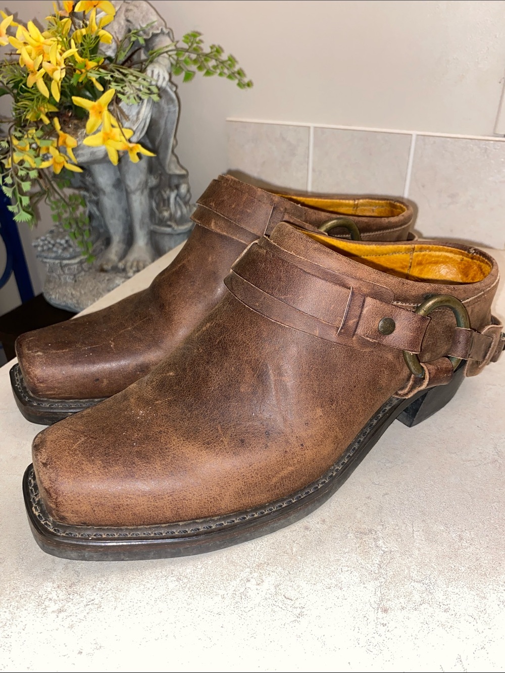 Vintage Frye Brown Leather Belted Harness Mules Women’s 9.5